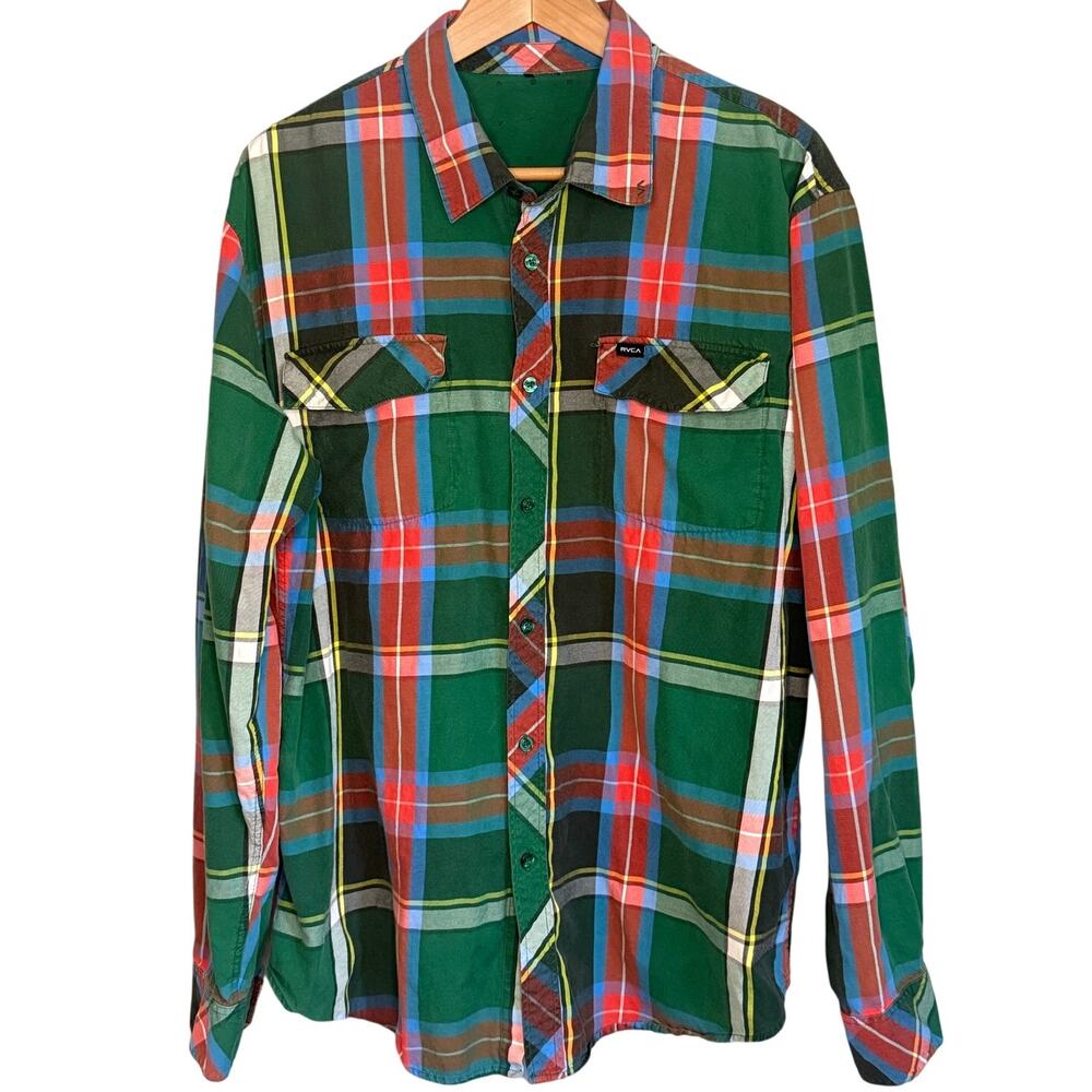 RVCA Men’s Large Green Plaid Long Sleeve Button Down Shirt